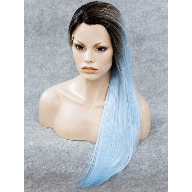 Dark Rooted Pastel Blue Long Straight Synthetic Lace Front Wig