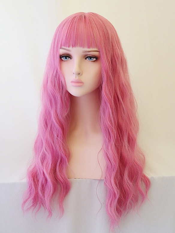 Evahair 2021 New Style Lolita Pink Long Wavy Synthetic Wig with Bangs