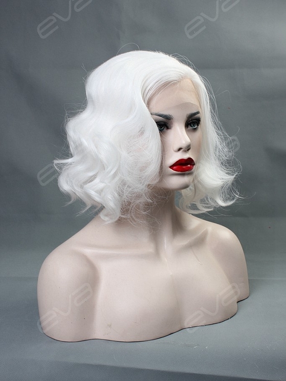 EvaHair White Wavy Bob Synthetic Lace Front Wig