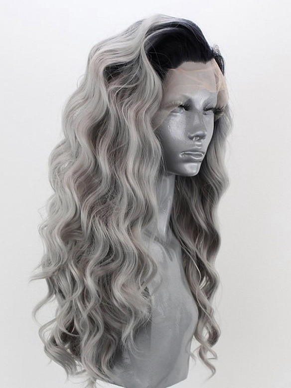 Evahair Fashion Style Black and grey Long curly Synthetic Wig