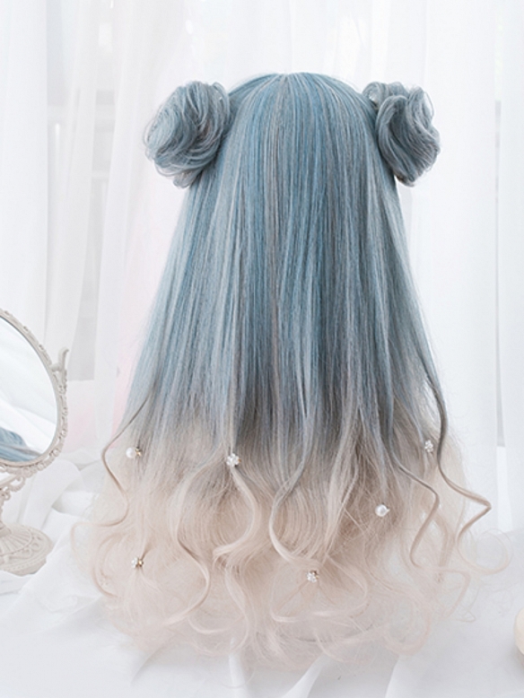 Evahair 2021 Lolita C Style Blue and Grey Mixed Color Long Wavy Synthetic Wig with Bangs