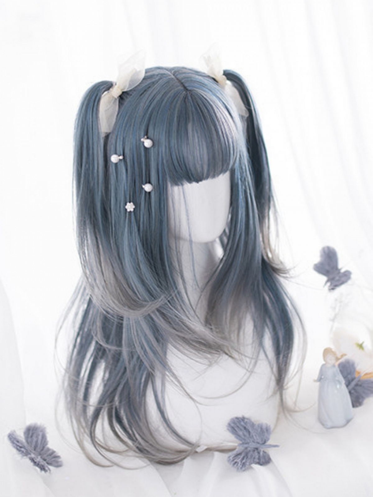 Evahair Grey and Blue Mixed Color Long Straight Synthetic Wig with Bangs