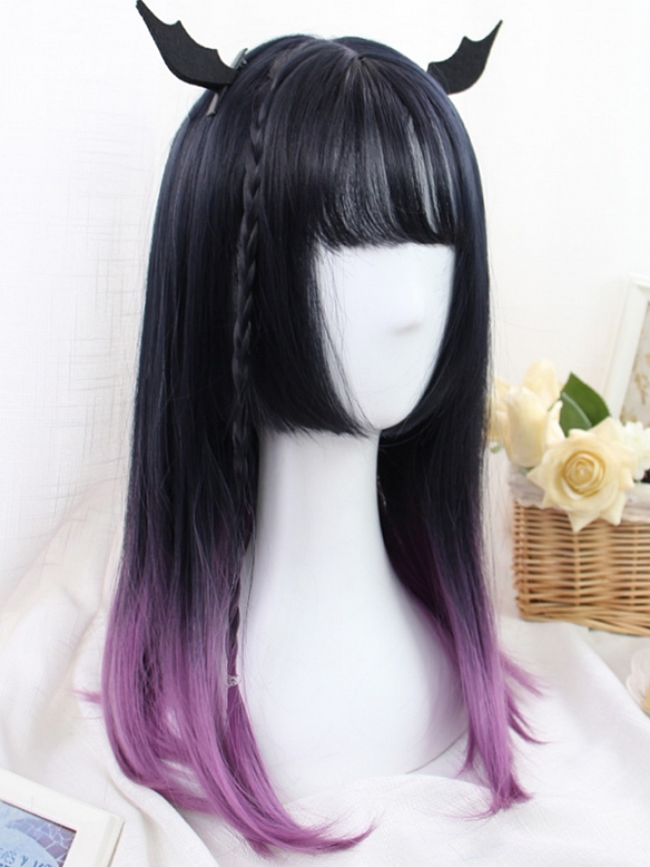 Evahair 2021 New Style Black to Purple Ombre Long Straight Synthetic Wig with Bangs