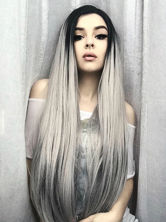 New Dark Grey T-color Super Long Straight Synthetic Lace Front Wig ...
