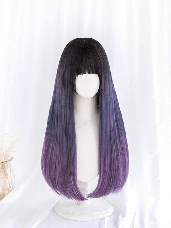 Evahair Bluish Purple Ombre Long Straight Synthetic Wig with Bangs
