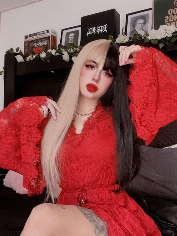 Evahair 2021 New Style Half Black and Half Aoki Grey long Straight Synthetic Wig with Bangs