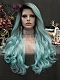 Evahair Bright Blue Long Wavy Synthetic Lace Front Wig With Black Root