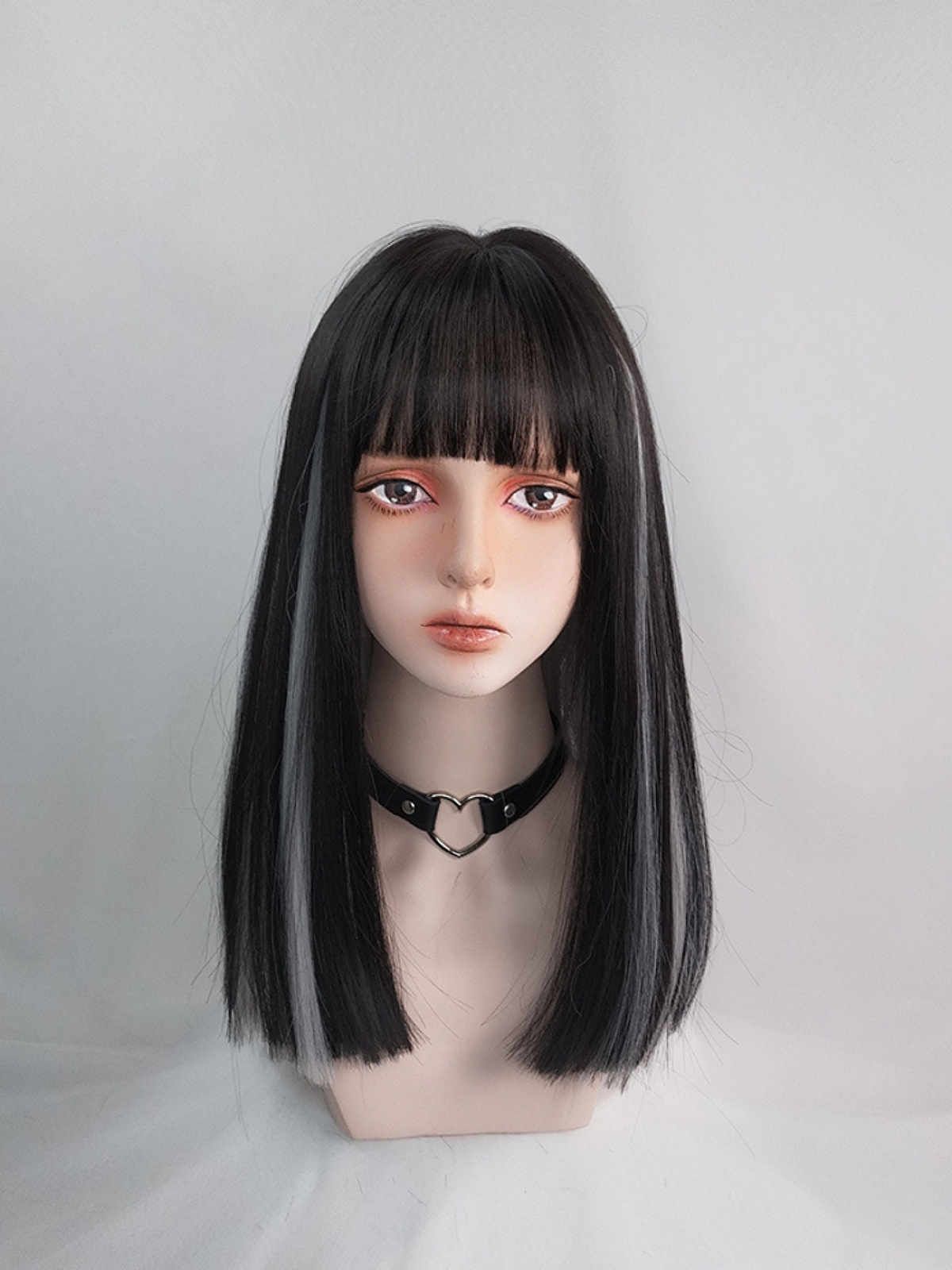 Evahair Black and Grey Medium Length Straight Synthetic Wig with Bangs