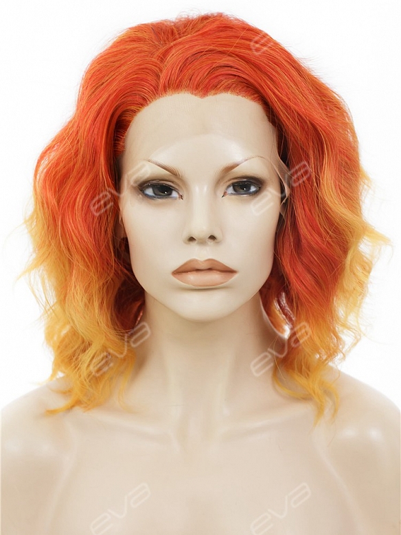 Sunset Orange & Yellow Flame Wavy Bob Synthetic Lace Front Wig 