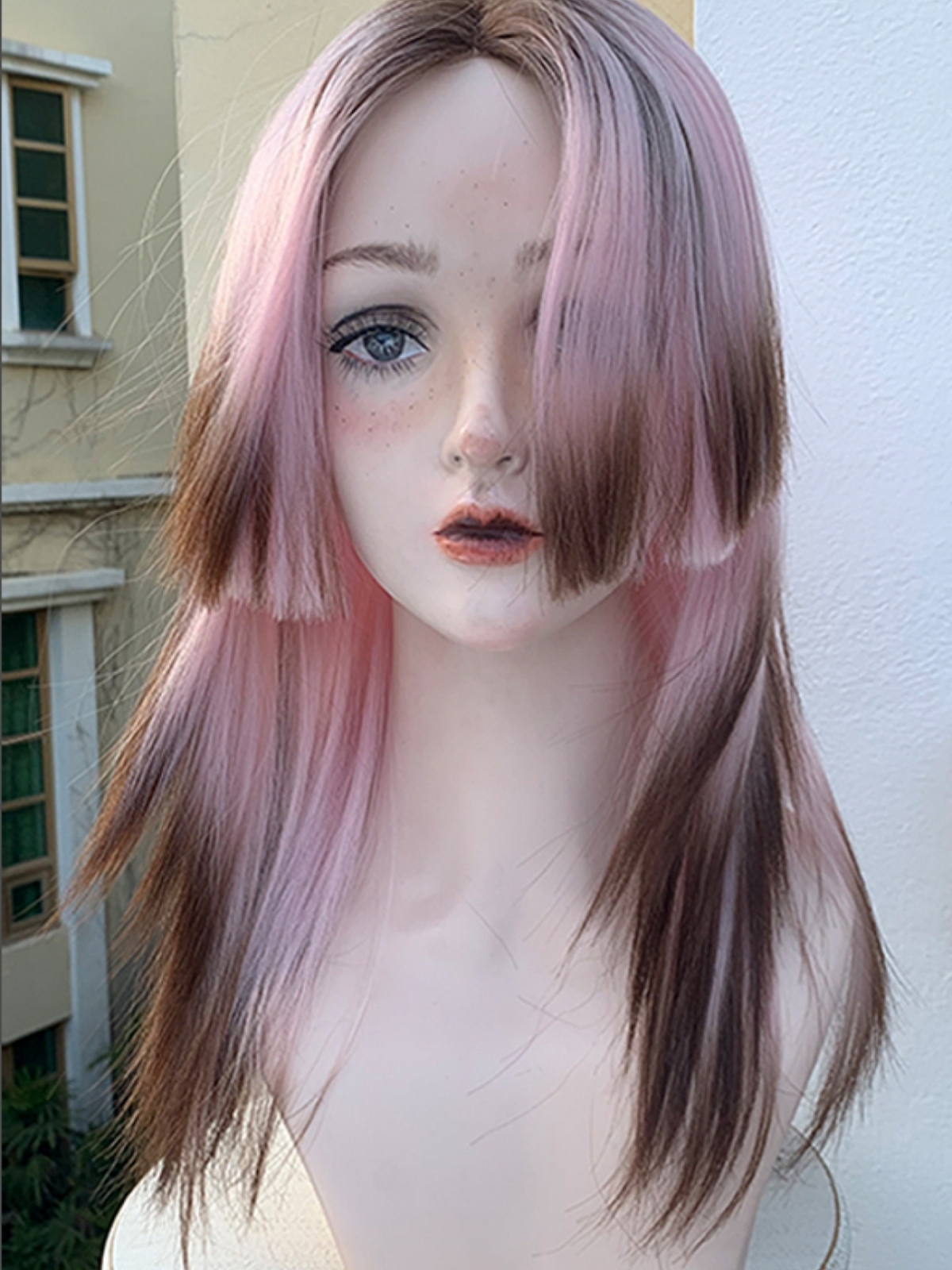 Preorder--2021 New Style Pink and Brown Mixed Color T-Part Long Straight Synthetic Lace Wig with Hime Cut