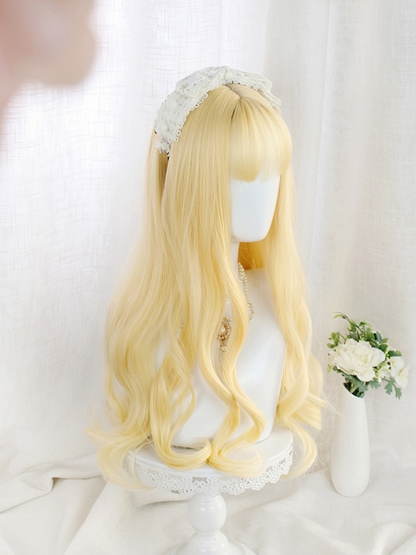 Evahair 2021 New Style Creamy Golden Long Wavy Synthetic Wig with Bangs