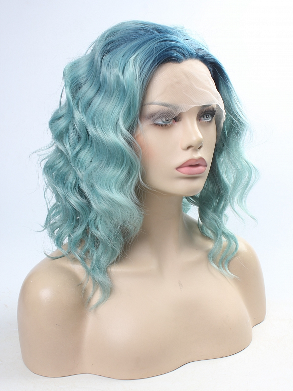 Teal Green Wavy Bob Synthetic Lace Front Wig