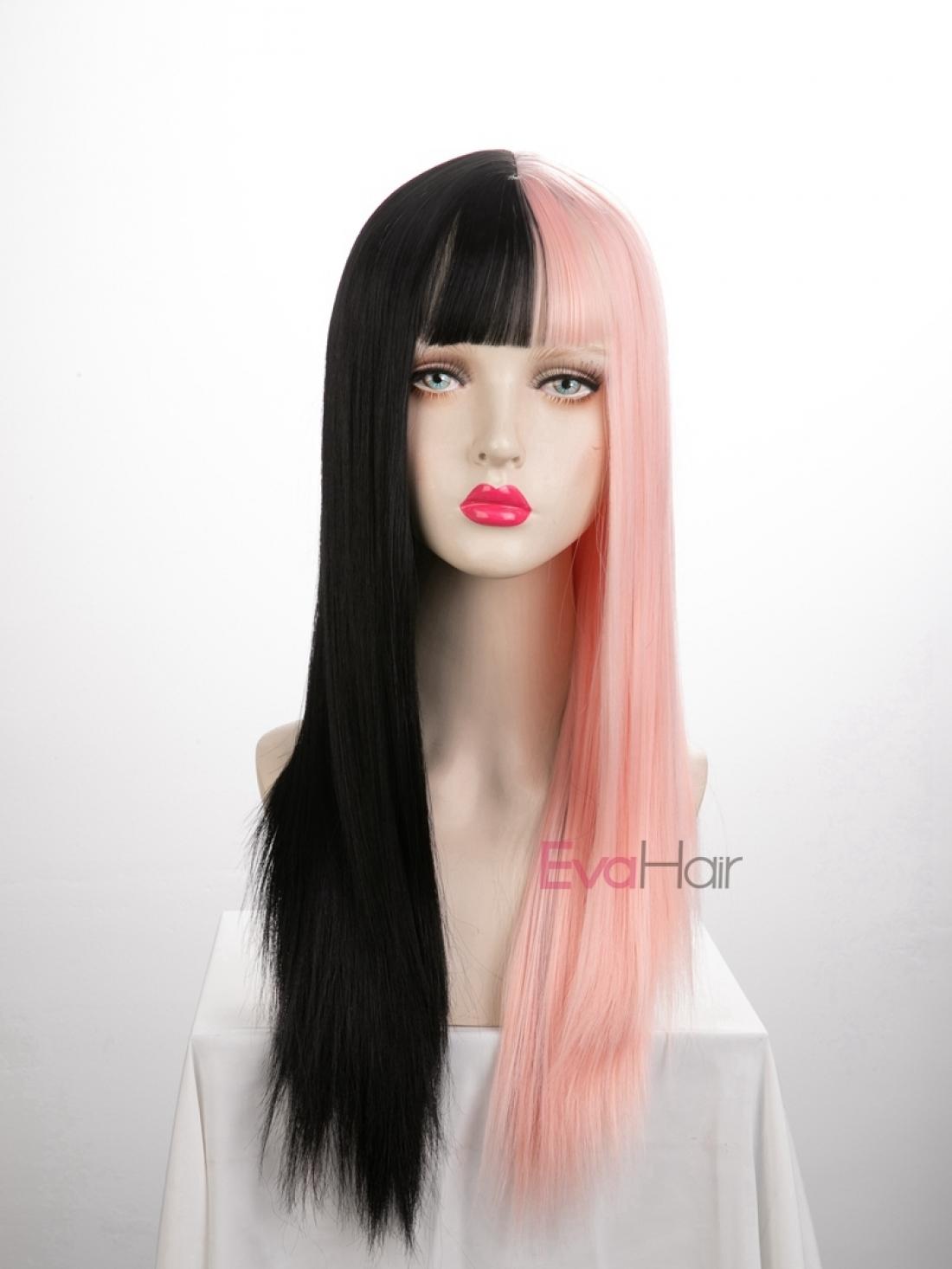 Evahair Half Black And Half Pink Wefted Cap Long Straight Synthetic Wig With Bangs Home Evahair Evahair Half Black And Half Pink Wefted Cap Long Straight Synthetic Wig With Bangs Home Evahair