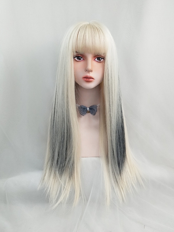 Evahair Cute Black and Blonde Mixed Color Long Straight Synthetic Wig with Bangs