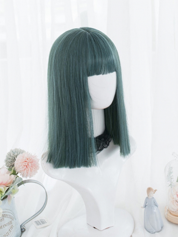 Evahair Blue and Green Mixed Color Medium Length Straight Synthetic Wig with Bangs