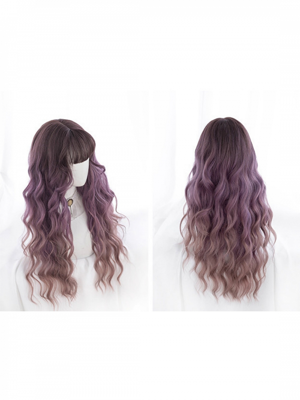 Evahair Purplish-Pink to Brown Ombre Long Wavy Synthetic Wig with Bangs