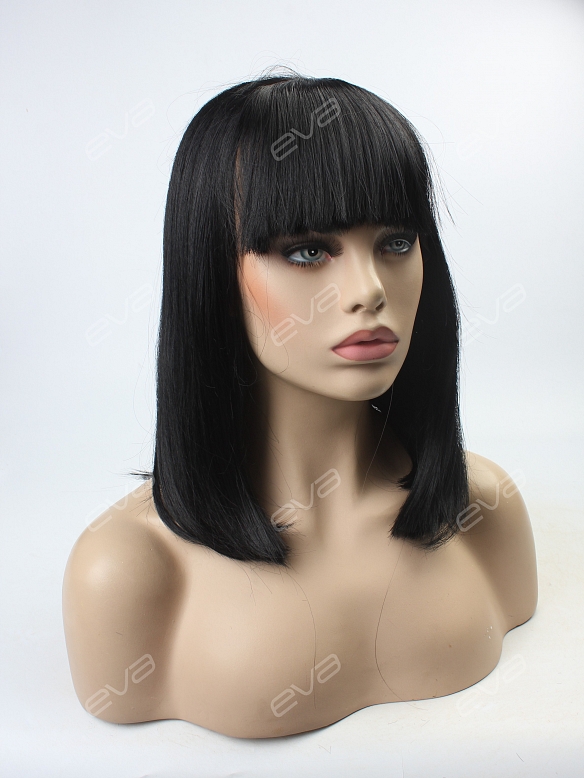 Cute Black Bob with Bangs Synthetic Lece Front Wigs