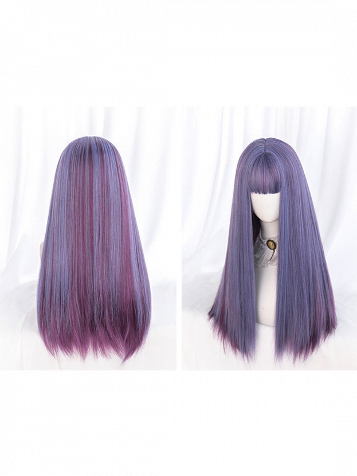 Evahair Two Purple Mixed Color Long Straight Synthetic Wig with Bangs