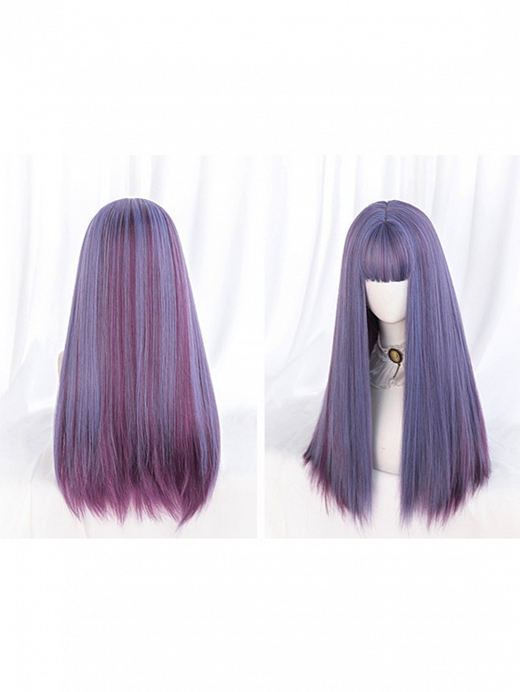 Evahair Two Purple Mixed Color Long Straight Synthetic Wig with Bangs
