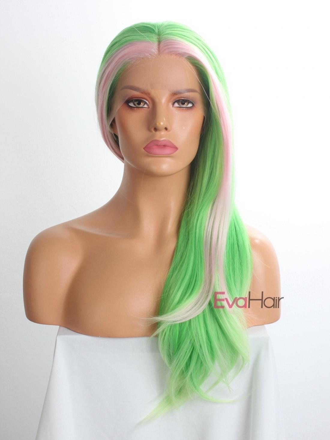 Evahair Green and Fore Pink Long Straight Synthetic Lace Front Wig ...
