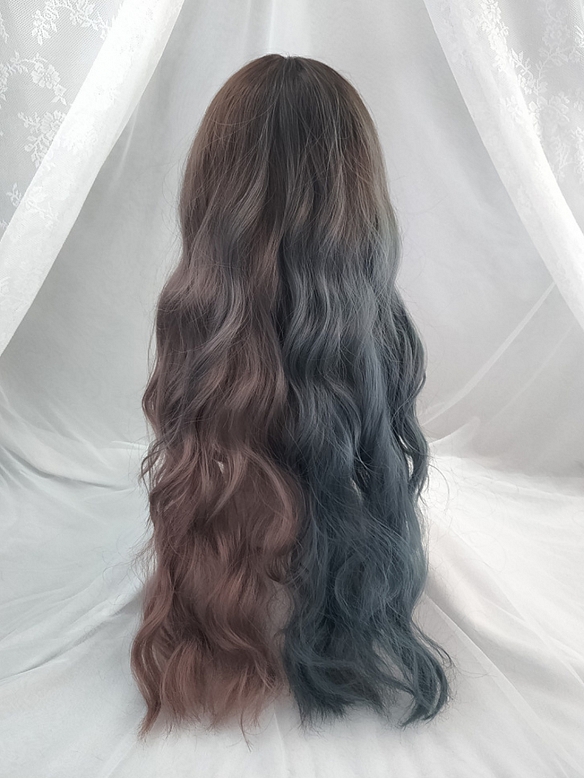 Evahair Fuchsia to Haze Blue Mixed Color Long Wavy Synthetic Wig with Bangs