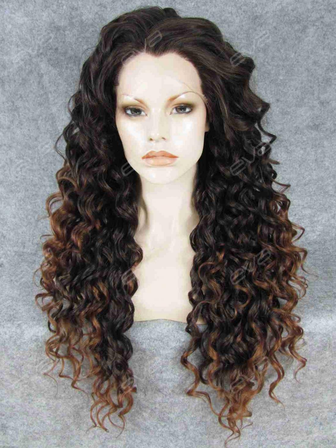 Brown Ombre Long Curly Synthetic Lace Front Wig - All ...