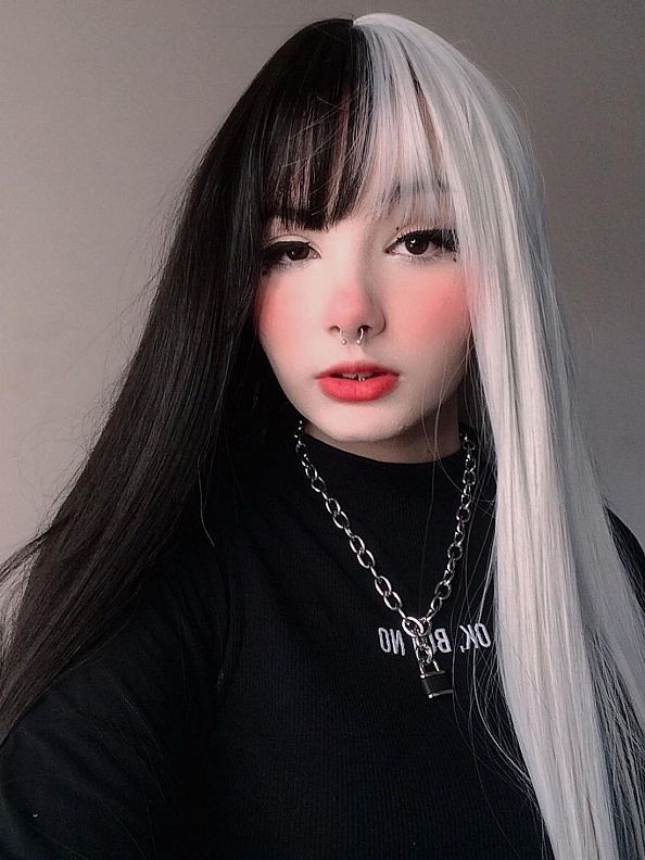 Evahair Half Black And Half White Long Straight Synthetic Wig With Bangs -  Home - Evahair