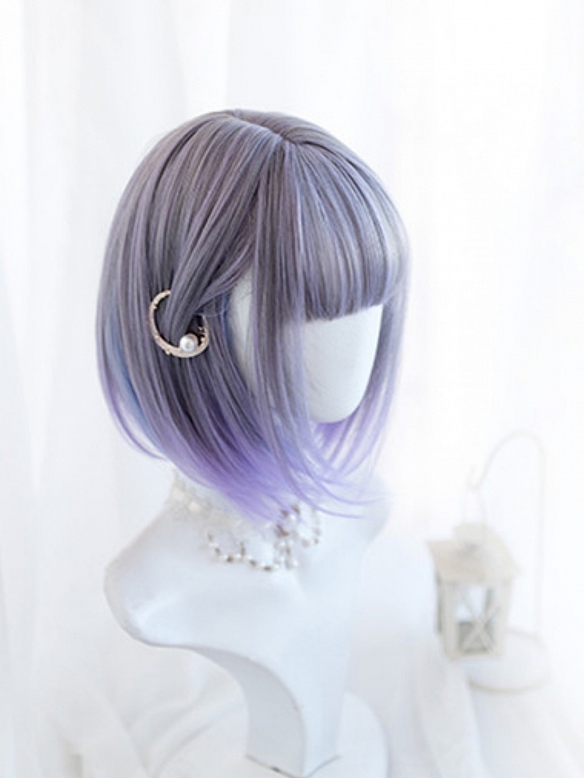 Evahair Blue and Grayish Purple Chin-Length Straight Synthetic Wig with Bangs