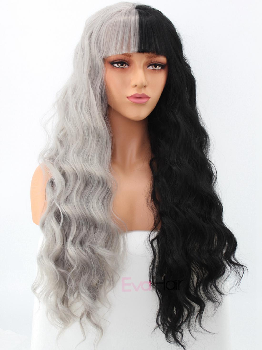 Half Black And Half Grey Water Wavy Quite Long Synthetic Lace