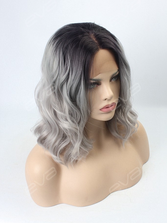 Grey Ombre Wavy Medium Length Synthetic Lace Front Wig