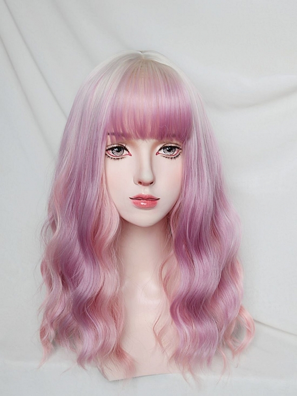 Evahair 2022 New Style Pink and Purple Mixed Medium Wavy Synthetic Wig with Bangs