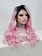 Evahair Pink Long Wavy Synthetic Lace Front Wig With Black Root