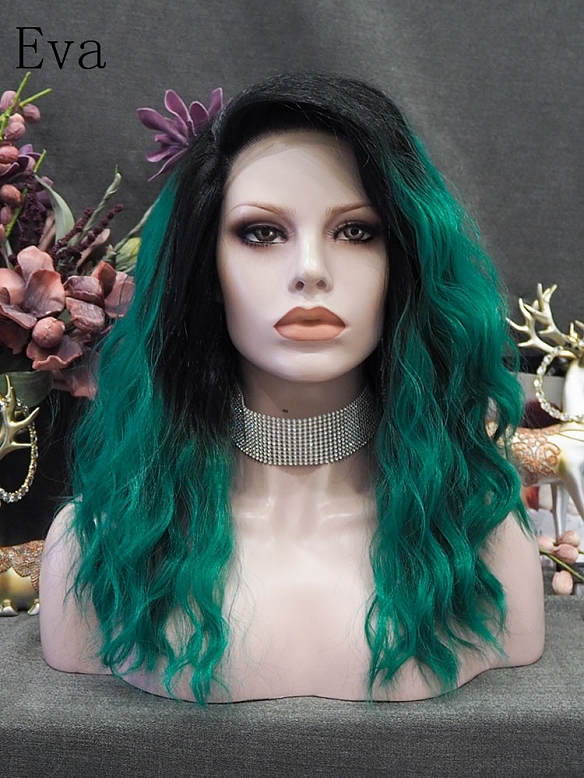 Evahair Black to Bright Green Medium length Wavy Synthetic Lace Front wig