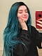 Sea Blue Mixed Color with Black Root Long Straight Synthetic Lace Front Wig 