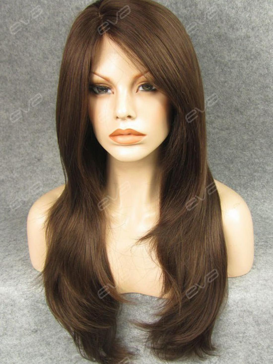 Brown Long Straight Layered Cut Casual Look Synthetic Lace ...