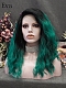Evahair Black to Bright Green Medium length Wavy Synthetic Lace Front wig