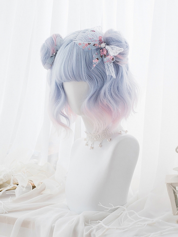 Evahair 2021 N ew Style Lolita Blue Ombre Short Wavy Synthetic Wig with Bangs