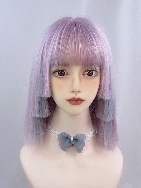 Evahair 2021 New Style Purple and Blue Mixed Color Short Straight Synthetic Wig with Bangs and Layered Hime Cut