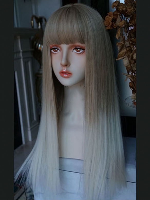 Evahair Linen Light Brown to Brownish White Long Straight Synthetic Wig with Bangs