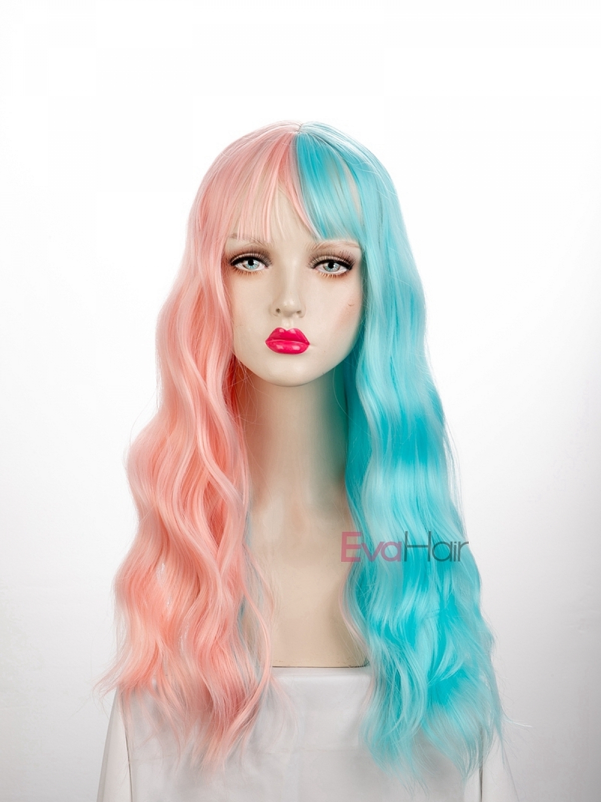 Evahair Half Pink and Half Blue Wefted Cap Wavy Synthetic Wig with Bangs