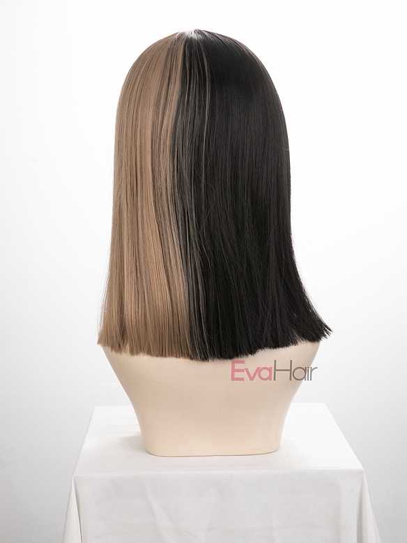 Evahair Half Black and Half Blonde Wefted Cap Straight Synthetic Wig with Bangs 