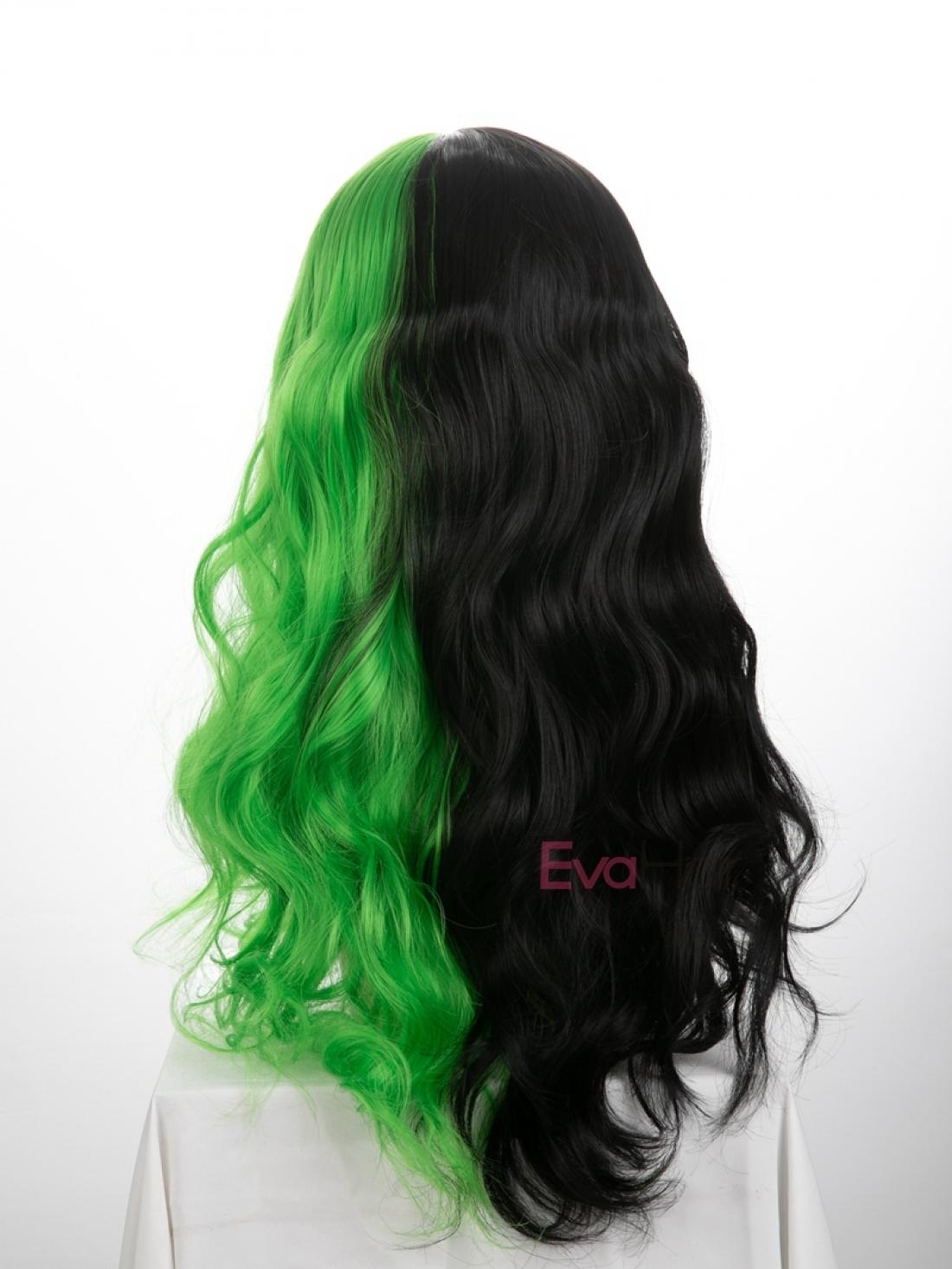 Evahair Half Black And Half Green Wefted Cap Wavy Synthetic Wig With Bangs Home Evahair