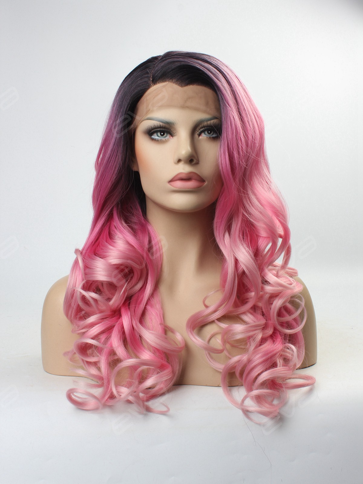Graduated Pink Color with Dark Hair Root Long Wavy Style Synthetic Lace Front Wig