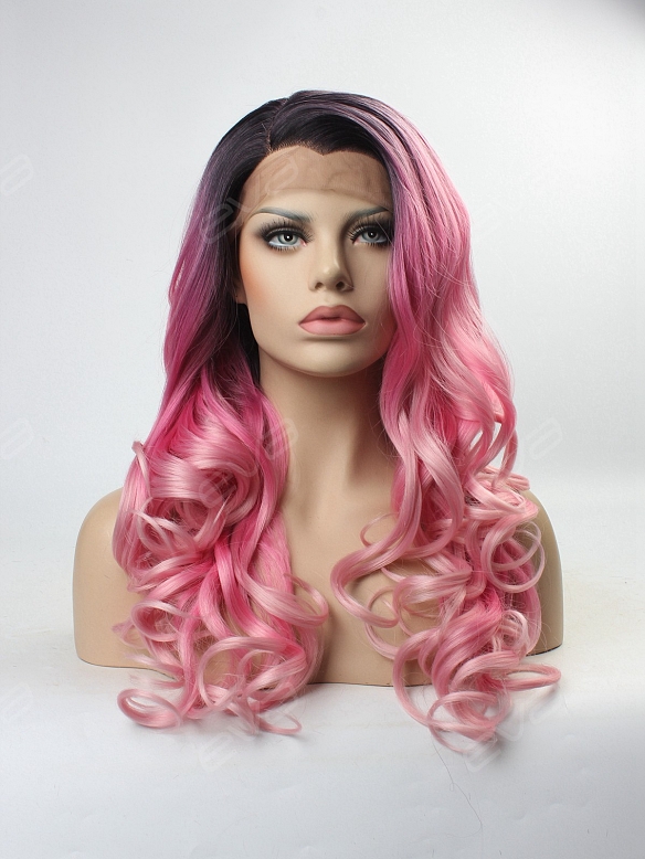Graduated Pink Color with Dark Hair Root Long Wavy Style Synthetic Lace Front Wig