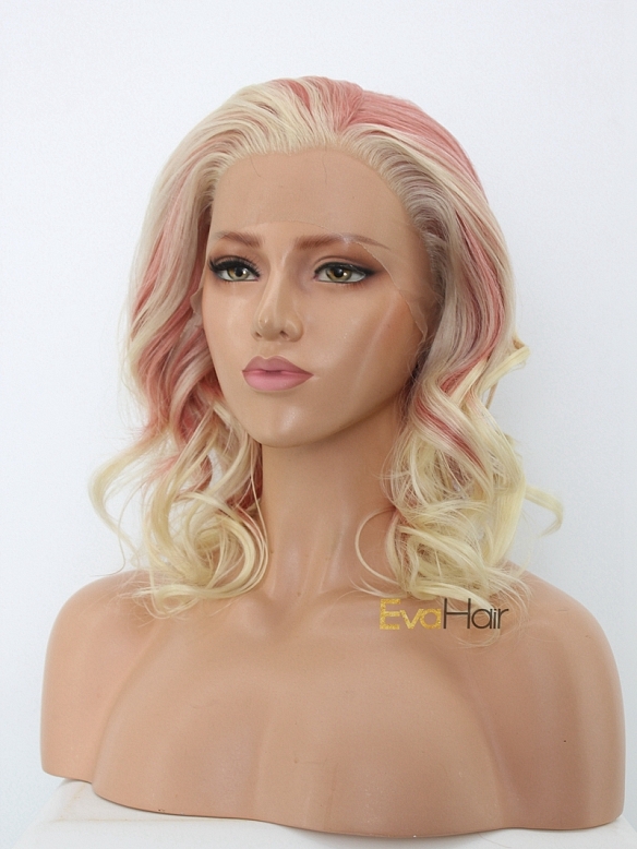 Rose and Blonde Highlighted Color Wavy Synthetic Lace Front Wig