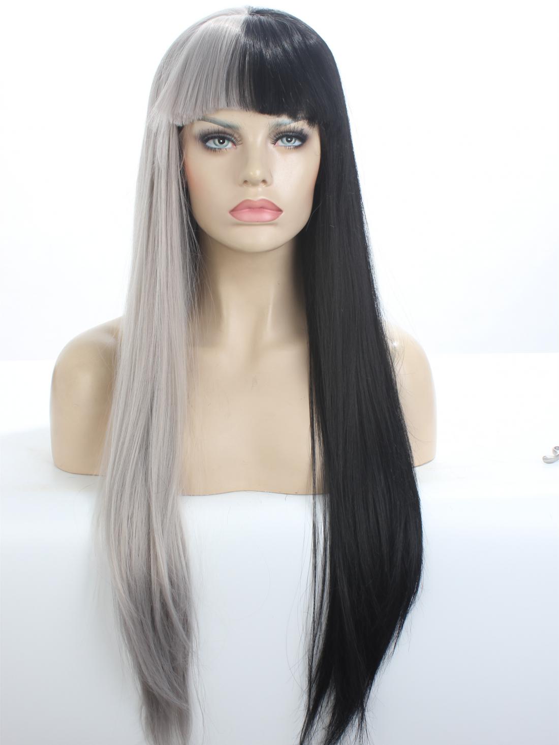 Half Black Half Grey Striaght Lace Front Wig With Full Bangs