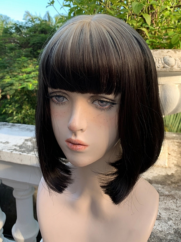 Evahair 2022 New Style Black Short Style Synthetic Wig with Bangs and Blonde Roots