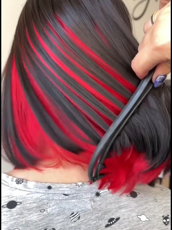 Preorder--Evahair 2021 New Style Black and Hidden Red Medium Straight Synthetic Wig with Bangs