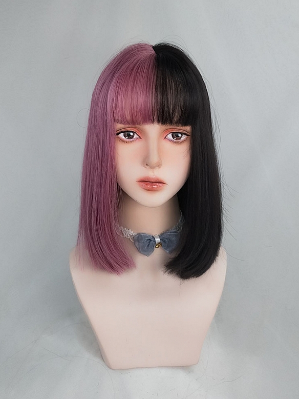 Evahair Half Black and Half Pinkish-Purple Medium Straight Synthetic Wig with Bangs.