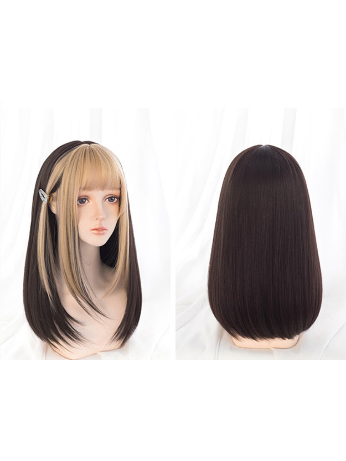 Evahair Black And Front Blonde Medium Length Straight Synthetic Wig With Bangs Home Evahair